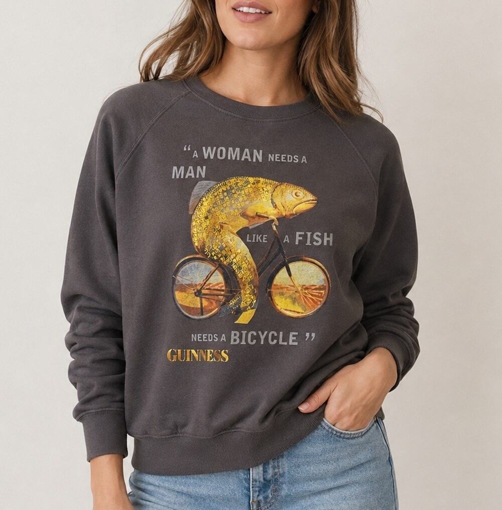 Guinness Womens Small Sweatshirt Fish Bicycle Graphic Pullover Crewneck Gray